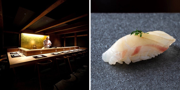 〈左〉旧公舎の古い蔵を改装した鮨＆バー「正倉」。カウンター8席の特別な空間で、京都で研鑚を積んだ平山シェフがもてなします。〈右〉端正なにぎりには、確かな職人技によって引き出された旬の旨みが凝縮。鮨コース 昼・夜ともに25,300円～