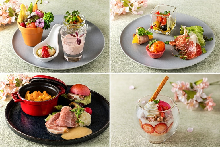 ハイティーのメニュー例。写真左上より時計回りに、春らしい色合いの各種アペタイザープレート、シャンパンやカクテルの魅力を引き立てるメニューを揃えたプレート、ロゼワインのジュレと苺のシメパフェ、「国産ポークのコンフィ」などのホットディッシュプレート。