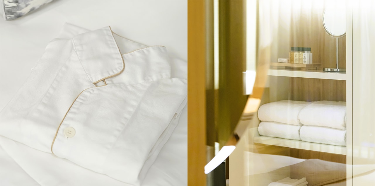 写真左：ゲストから好評のオリジナル・ナイトウェア。クラブラウンジのコンシェルジュにオーダーすれば購入可能（宿泊者限定）。写真右：バスリネンは日本が誇る逸品、今治タオル。