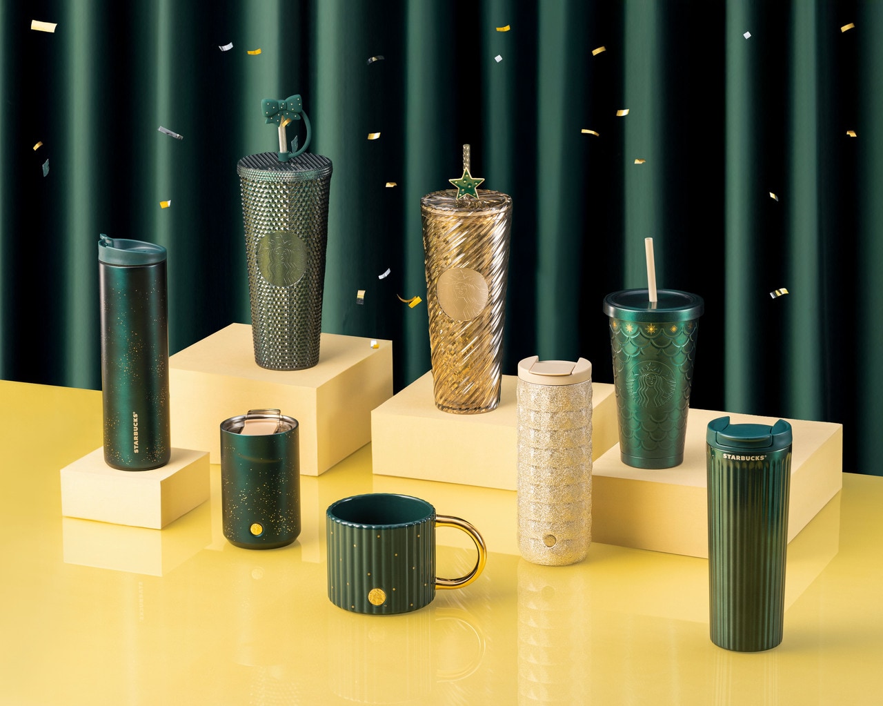 艶やかなダークグリーンとゴールドを使用したタンブラーなど。