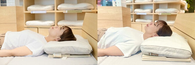 左が適切な高さ。右はまくらが高すぎる場合。わずか1~2cmの差でも頭の傾きや首の角度が変わり、高いと首に圧迫感を感じます。