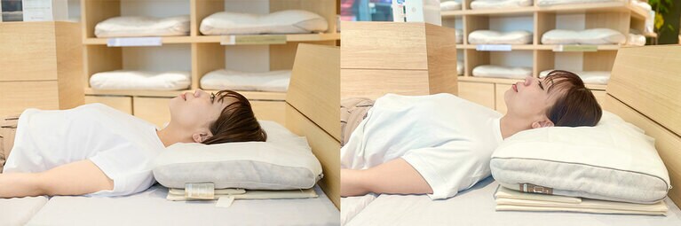 左が適切な高さ。右はまくらが高すぎる場合。わずか1～2cmの差でも頭の傾きや首の角度が変わり、高いと首に圧迫感を感じます。