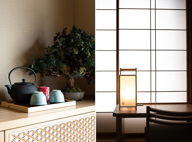 枯盆栽や行燈など、室内にちりばめられた和の意匠(「シグネチャーツイン」)。