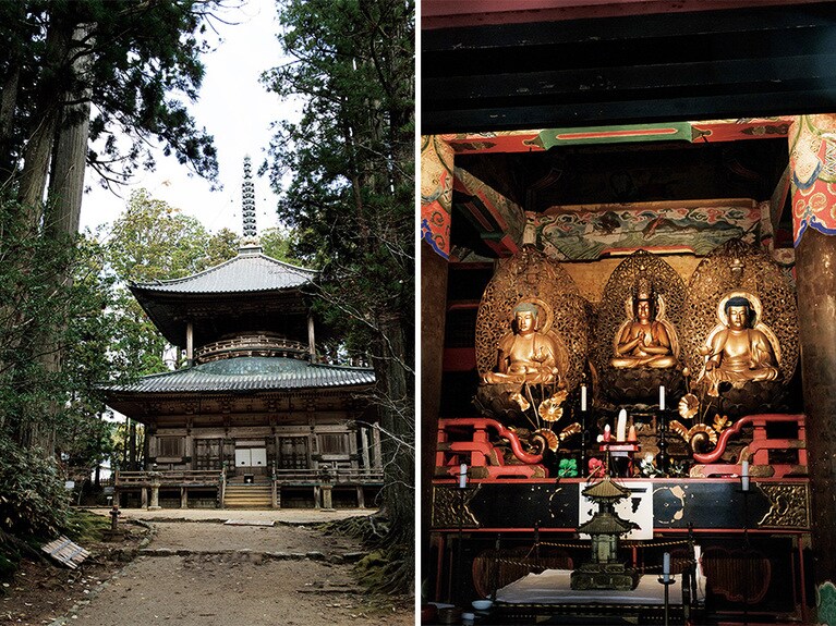 根本大塔と対をなす西塔。外観は重厚、内部の壁や天井は極彩色。西塔のご本尊は金剛界大日如来と胎蔵界四仏を祀っている。