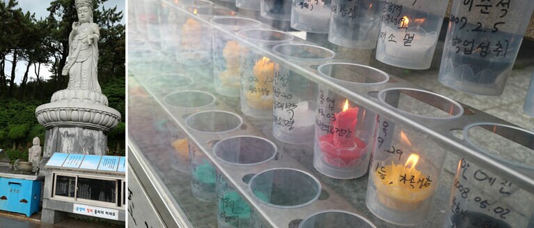 左：高さ10メートルの海水観音大仏。右：人々の祈りがこめられたロウソク（5,000ウォン）が供えられている。