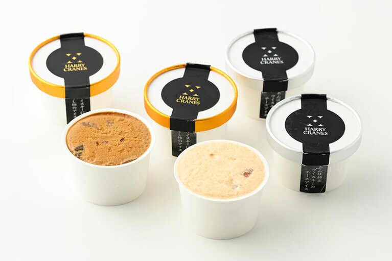 GRN「ウイスキー香る干し柿ギフト」4,536円(ウイスキーに漬けた干柿のアイス100ml×3個、あんぽ柿とチーズのウイスキーアイス100ml×3個)／富山県