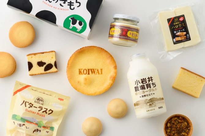 牛柄がキュートなバターケーキや伝統製法のチーズケーキなど農場ならではのおいしい品々。