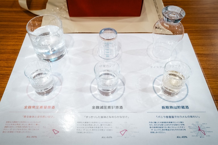 ブレンド体験の様子。前列に並ぶ3種類の原酒を、後列中央の計量グラスで分量を確認しながら、後列右側のグラスに入れてブレンドします。