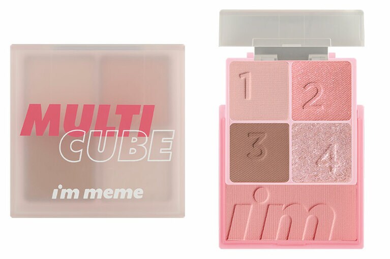 上段に4色のアイシャドウ、下の段にカラーコーディネートされたチークがセットされている、スーパー便利なパレット。基本は1と3がマットな質感、2がきめ細かいパールの効いた色、４がキラキラのグリッターカラー。アイムミミ マルチキューブ 01スウィートピンク1,870円／サン・スマイル