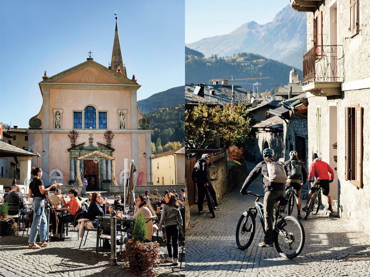 左：町の中心、カヴール広場は、季節を問わずカフェの屋外席に集う人々でにぎわう。右：サイクリストなら一度は越えたい難所ステルヴィオ峠のお膝元だけあり、自転車もたくさん見かける。