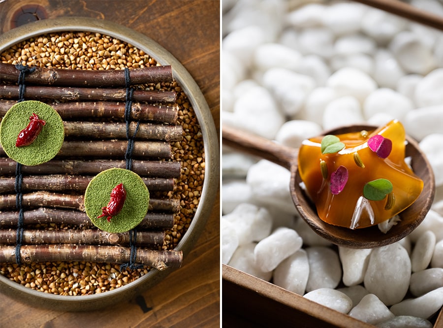 「タルト」は猪のリエットにセロリの葉のパウダーとマタタビのピクルスをプラス。「佐渡の毛蟹」は、蟹のコンソメのゼリーの下に、毛蟹の身、セロリのマリネを。