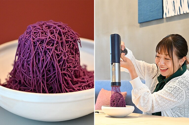 カフェで大人気の体験型スウィーツにも挑戦！　やさしい甘さに心が和む「盛れる紅芋モンブラン」1,000円 (食材の入荷状況により内容は変更となることがあります)。