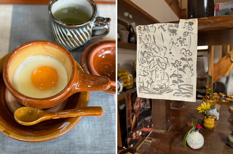 エッグベーカーでつくった目玉焼きは香りがよくトロリと絶妙な半熟具合。右は民藝運動を通して深い交流があった棟方志功の画。