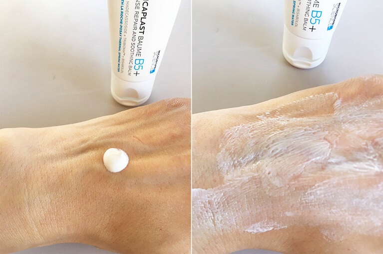 固めのクリームは、伸ばすと肌に保護感が！　右写真は多めに塗って、塗り込んでいない状態です。