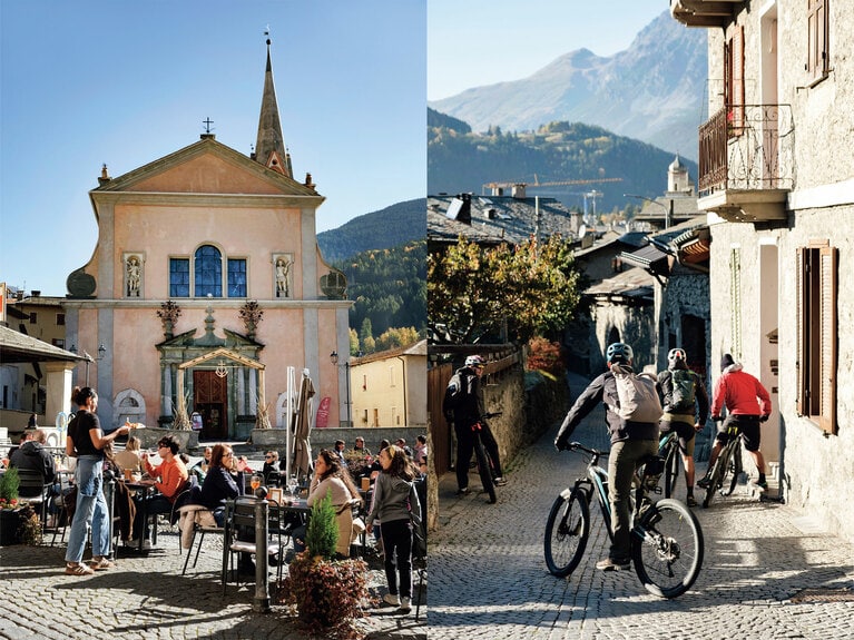 左：町の中心、カヴール広場は、季節を問わずカフェの屋外席に集う人々でにぎわう。右：サイクリストなら一度は越えたい難所ステルヴィオ峠のお膝元だけあり、自転車もたくさん見かける。