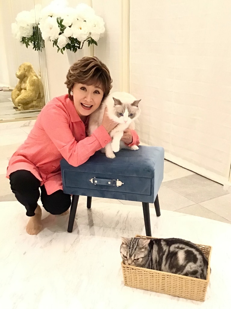 小林幸子さんと愛猫のコウの助くん（上）、ジャコ助くん（下）。