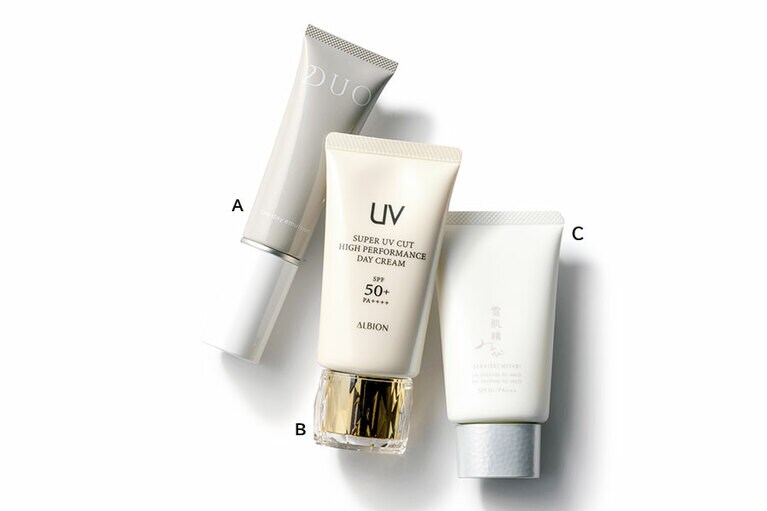 A：デュオ ザ デイエマルジョン SPF50+・PA++++ 30g 3,900円／プレミアアンチエイジング  B：スーパー UV カット ハイパフォーマンス デイクリーム SPF50+・PA++++ 50g 10,000円／アルビオン  C：雪肌精 みやび UV ディフェンス AG マイルド SPF30・PA+++ 40g 3,500円(編集部調べ)／コーセー