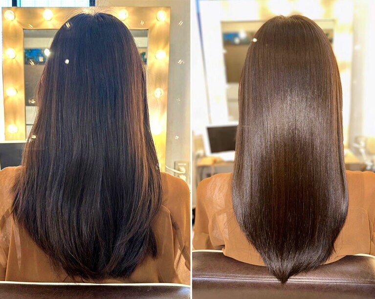 ビフォー（左）とアフター（右）。アフターは、まとまりが良くなって髪も伸びたように見えます。