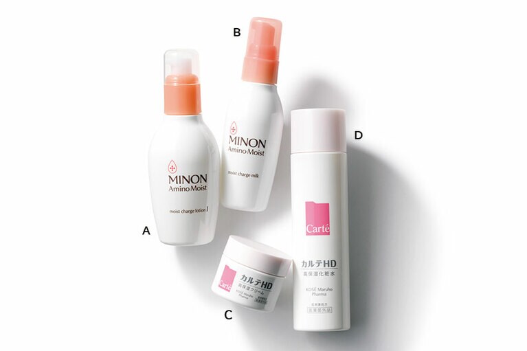 A：ミノン アミノモイスト モイストチャージ ローション I しっとりタイプ 150mL 1,900円(編集部調べ)／第一三共ヘルスケア  B：ミノン アミノモイスト モイストチャージ ミルク 100g 2,000円(編集部調べ)／第一三共ヘルスケア  C：カルテ HD モイスチュア クリーム［医薬部外品］40g 2,300円(編集部調べ)／コーセー マルホ ファーマ  D：カルテ HD モイスチュア ローション［医薬部外品］150mL 1,800円(編集部調べ)／コーセー マルホ ファーマ