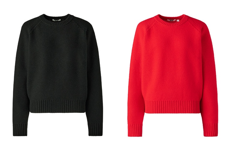 ラムクルーネックセーター 3,990円。左から、09 BLACK、15 RED。