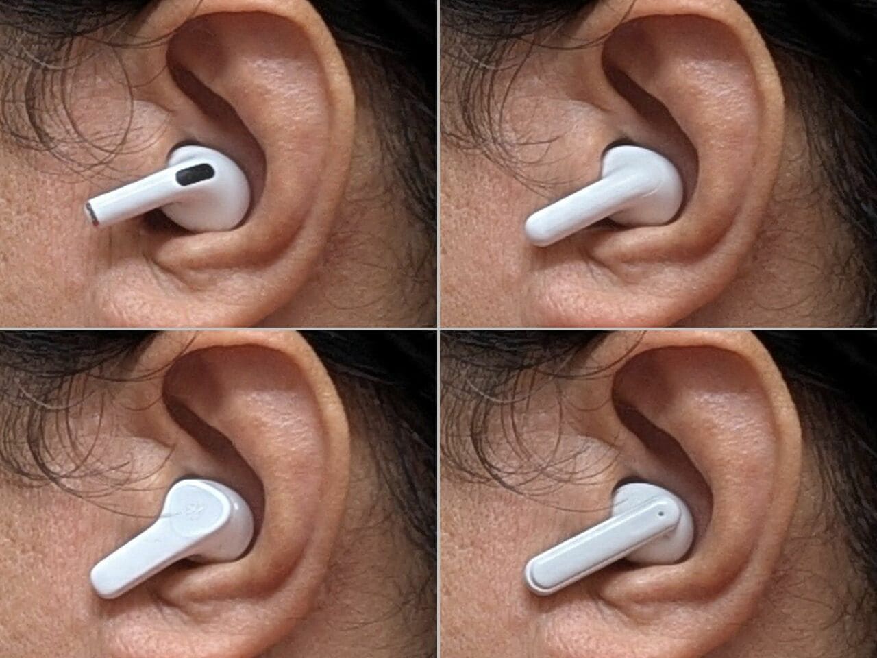 耳に装着した状態。上段左がAirPods Pro、右がシャオミ製品。下段左がDonner製品、右がグリーンハウス製品。スティック部が耳の外に出た構造はどれもよく似ています