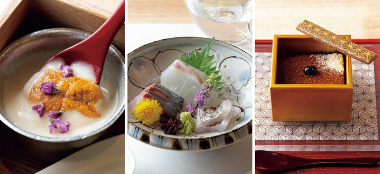 左：会食の最初に登場する“ご当地先付け”は、峠の茶屋で親しまれた甘酒を使った「甘酒ヴィシソワーズ」。中央：山中にありながら海が近く魚介類にも恵まれているのが箱根のいいところ。お造りも鮮度抜群。右：旅の携帯食でもあった黒豆を使った甘味「黒豆ティラミス」。