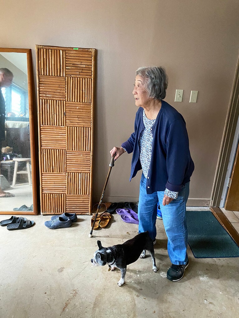 ロックダウンで外出を控えている近所のおばあちゃんにお弁当を作って届けるのは、私の「エッセンシャル」。ご長寿なわが愛犬ベルも一緒に。