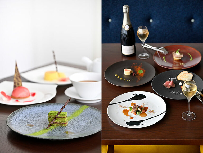 クラブラウンジでの優雅なフードプレゼンテーションをご紹介。〈写真左〉シーズンごとに替わるスウィーツをお好きなだけ味わえるティータイム。〈写真右〉カクテルタイムには、シャンパンとともに近江牛や近江黒鶏などのオードブルを。