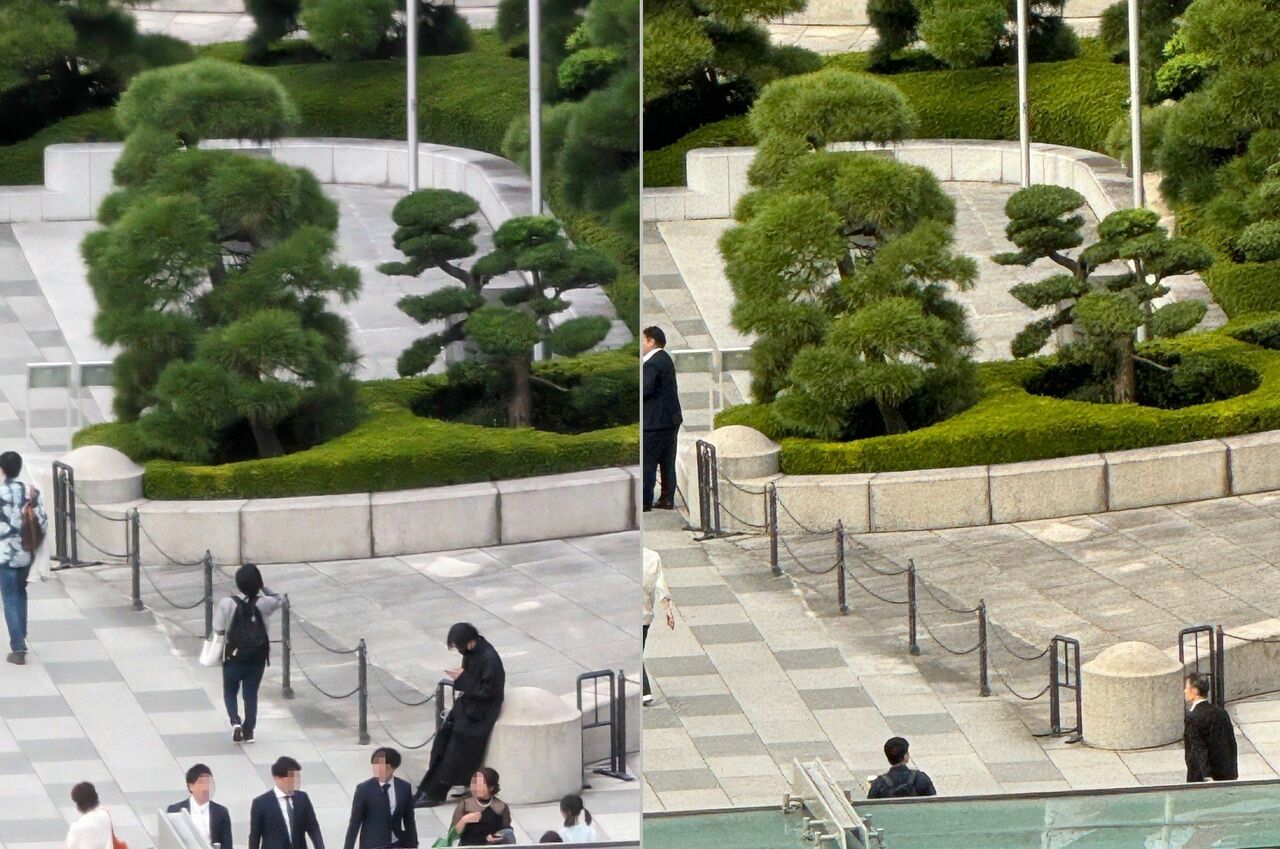 本製品で撮影した写真（左）をiPhone 15 Pro Maxで撮影した写真（右）と比べると、松の木のシャープさが足りないのは一目瞭然。また大理石の表面も、ディティールが飛んでしまっていることが分かります
