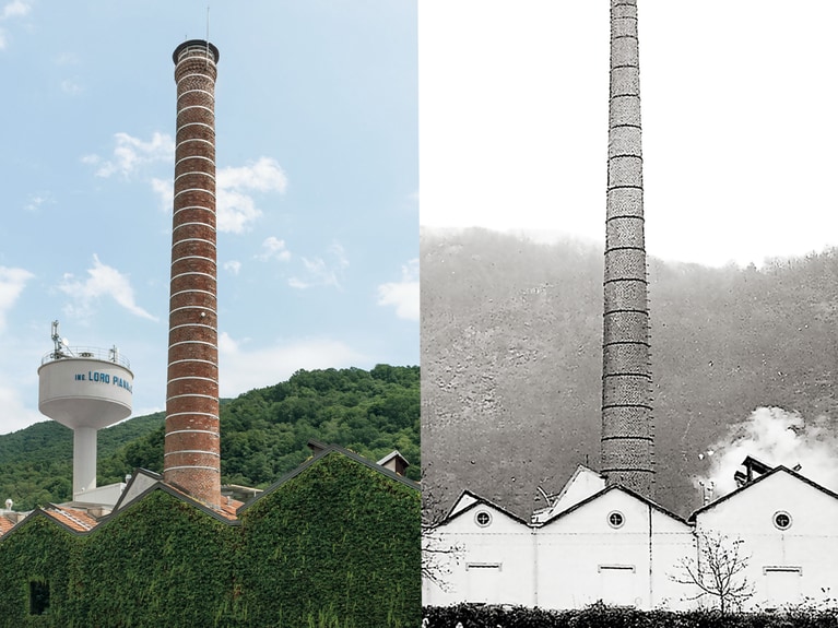 右は1970年代、左は現在のクアローナの工場。現在は自社で使用した水を浄化するシステムも整備してアップデート。