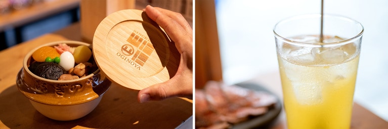 お弁当を食べ終わっても釜は現役！ というわけで開発された「陶器専用竹蓋」（550円）と、「峠の釜めし」のイメージフルーツであるあんずを使用した「荻野屋サワー」（748円）。