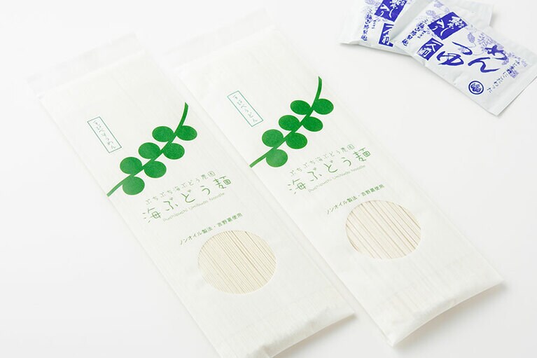 海ぶどう麺(うどん、そうめん)セット うどん150g×3袋、そうめん150g×3袋、めんつゆ30ml×12袋 5,500円／海ぶどう農園のお店ぷちぷち ～海ん道～