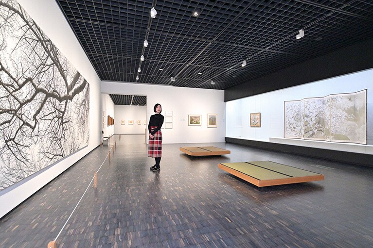 「美術館の春まつり」の作品を鑑賞する一色さん。