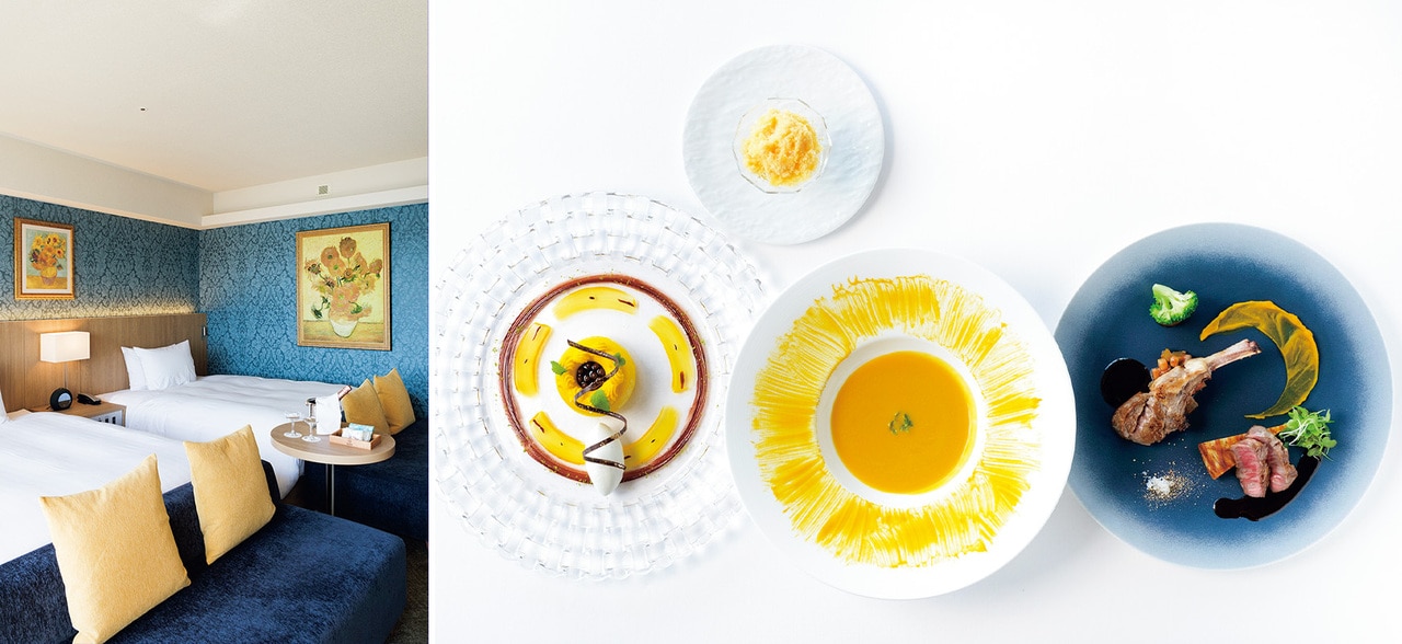 左：絵画、壁紙、アメニティまでヒマワリ尽くしの客室は7部屋限定。1泊2食付き35,000円～。右：「ゴッホのヒマワリルーム」限定のフレンチコース。ゴッホの絵画にインスパイアされた美麗な料理が続々、もちろん瀬戸内の旬菜が満載。
