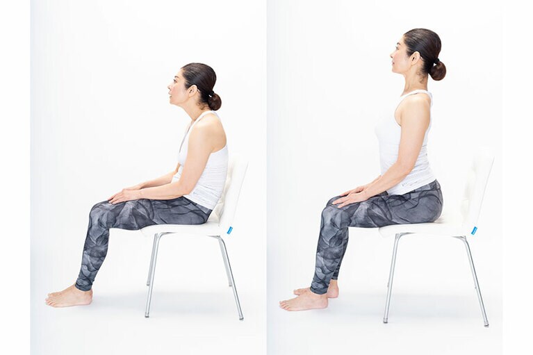 左：背もたれに寄りかかり過ぎでNG。　右：一見美しいが、反り腰になっているのでNG。