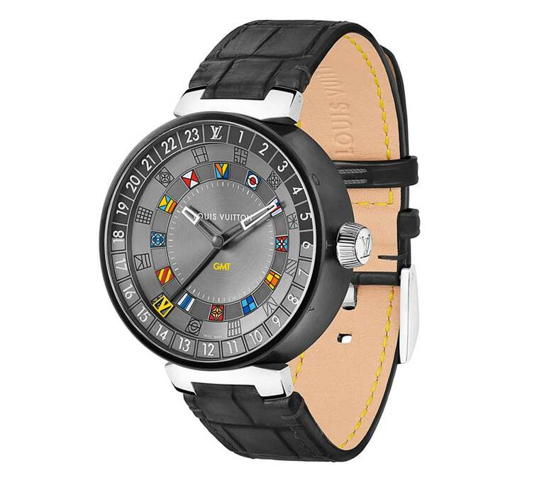 「タンブール ムーン デュアルタイム グラフィット」 585,000円。ケース／ステンレススティール(径44mm)50m防水、ストラップ／アリゲーター(付け替え可能)。