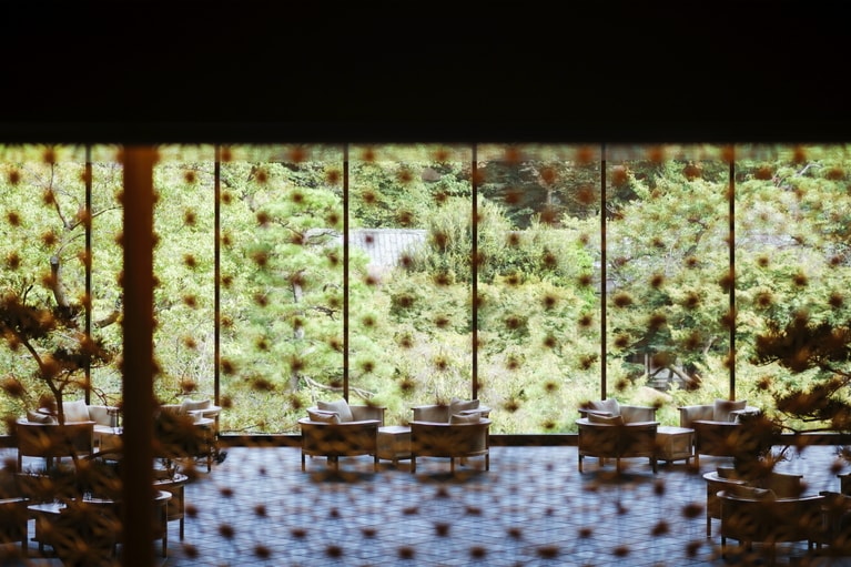 美しい組子アートごしの庭。