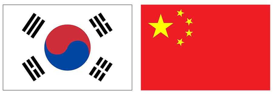 韓国と中国の国旗。