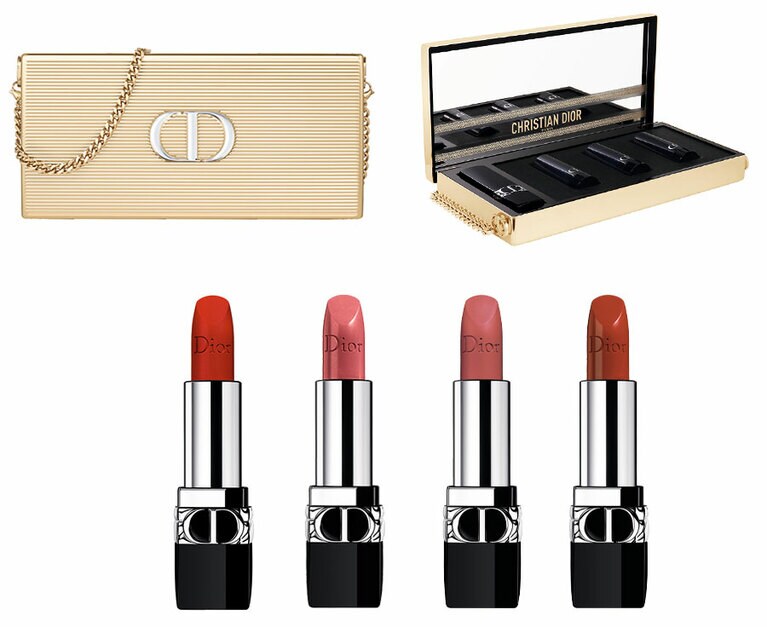 ミノディエール マキアージュ 42,900円。セット内容：ルージュ ディオール本体1色（999V）と3色（458、772、849）のリフィル。写真下段左から、999V、458、772、849。先行発売：10月17日（火）、発売日：11月3日（金）。