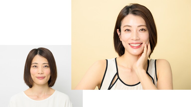 左が普段のメイク、右がベースメイク＆メイクアップ後。