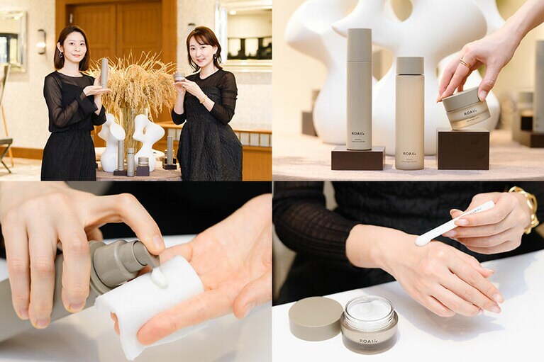 左上：左から、CREAアンバサダーの廣松叶子さん、能美黎子さん。右上：今回登場した3商品。左下：「GE コンストラクトリファイナー」を試す廣松さん。「ふきとり化粧水は使ったことがありますが、乳液でふきとるのは初体験。（同時発売の）プレミアムコットンは優しい肌触りがお気に入り」。右下：「GE アドバンテージコンク」を試す能美さん。「少量でも伸びがよくて、ベタつかないのがいいですね」