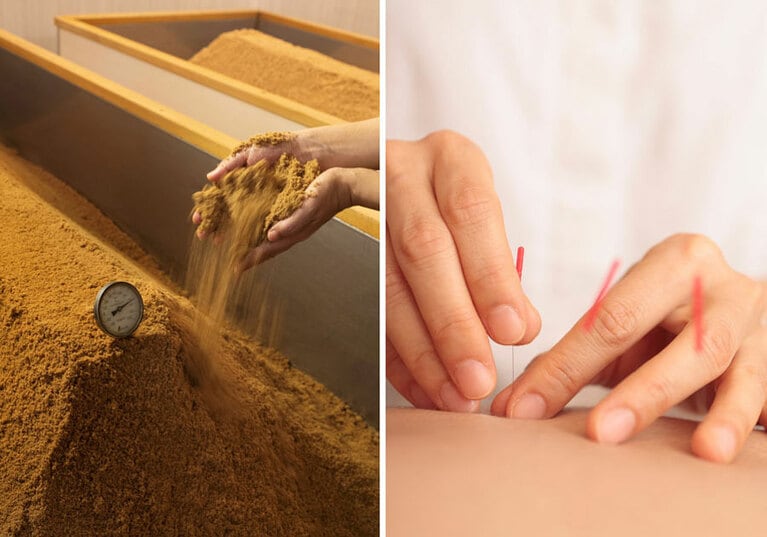 左：身体を芯から温める「発酵温熱木浴」。 
右：鍼灸の施術を目的にステイするゲストも多数。