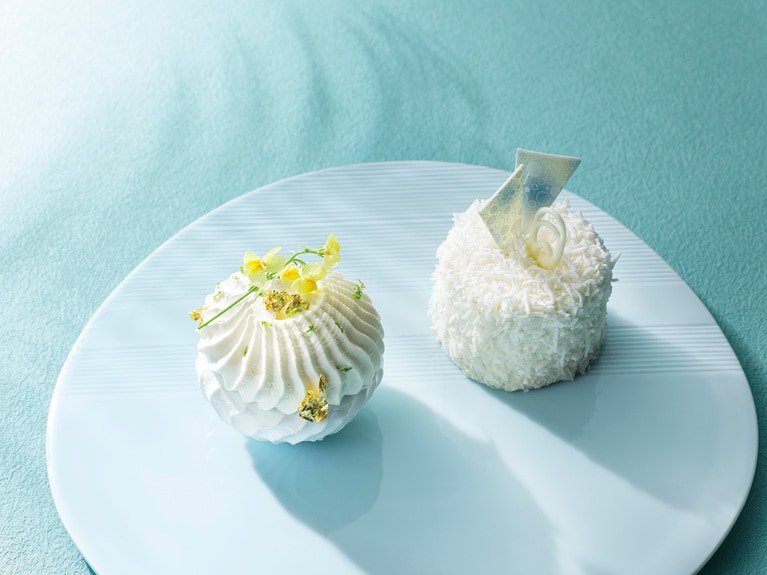 左から：新作「トロピカルフルーツパブロバ」1,512円、「ハレクラニ ココナッツケーキ」1,350円。