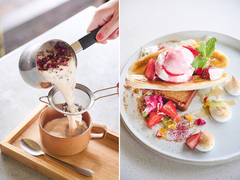 左：右：“トロピカルフレンチトースト”。パイナップルパウンドケーキをフレンチトーストに。$26.5。人気の“パラナチャイ”$7。