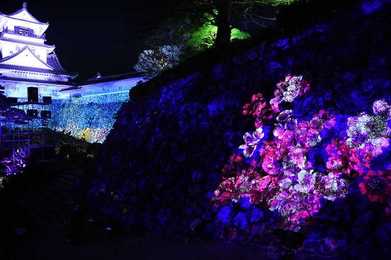 自然石をほとんど加工することなく積み上げた石垣に、鮮やかに映し出されたインスタレーション作品が天守閣まで続く。
