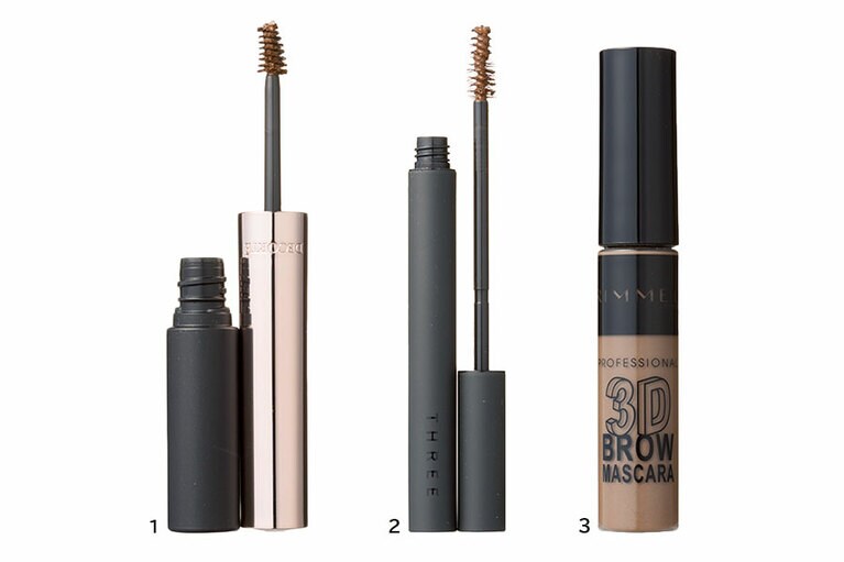 1：ソフトなワックスのような質感で自然な仕上がり。ブロウ スタイリングクリーム 301　3,000円／コスメデコルテ  2：柔軟性の高い液が、パリッと固まらず眉毛をしなやかにコーティング。アドバンスドアイデンティティ アイブラウマスカラ 03　3,200円／THREE  3：薄い眉をボリュームアップするファイバー入り。お湯で簡単オフ。プロフェッショナル 3Dブロウ マスカラ 005　1,200円／リンメル