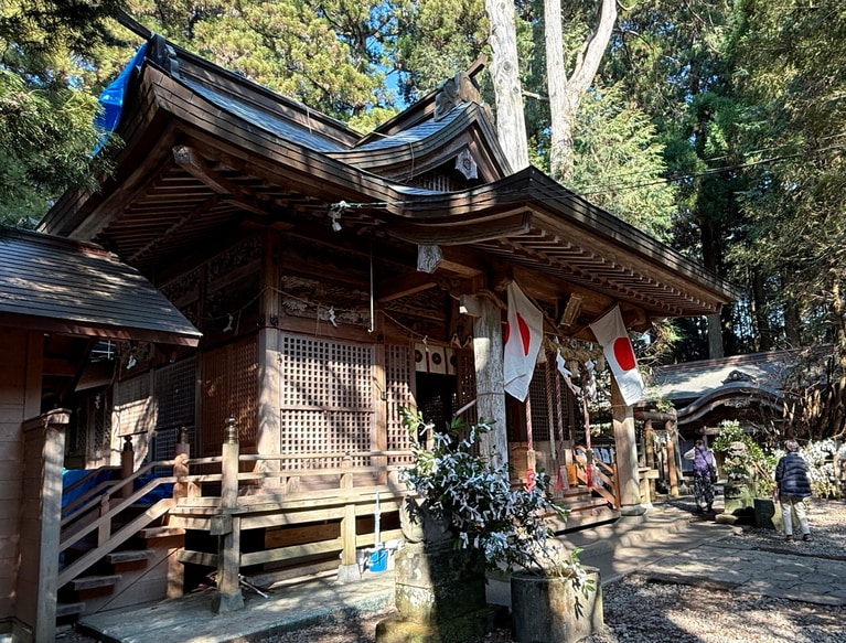 周囲を囲む古木の御神木の影が本殿にかかっている。