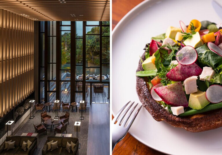 左：高さ9メートルの窓が開放的なダイニング。 
右：朝食で大人気の「サラダパスカード」。