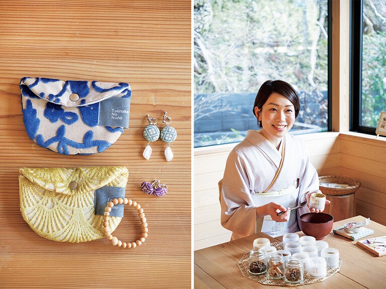 （左）地元織物会社の半円ポーチ 7,150円、畳屋さんのイヤリング 2,500円、高野槇の数珠 2,100円。（右）ワークショップは塗香作り 5,500円など。