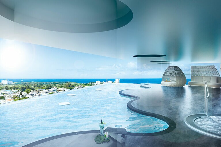 開放的な眺望を楽しめる昼間の絶景プール。水温調節機能を備えているので、1年を通じて楽園気分を満喫できる。利用できるのは16歳以上だけ。